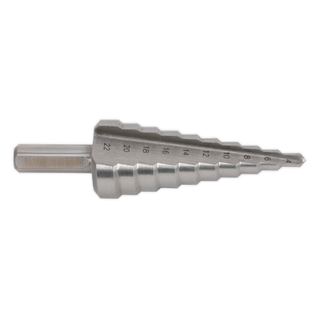 The Sealey HSS M2 Step Drill Bit 4-22mm Double Flute (AK4722) offers high-speed drilling performance with graduated sizes from 4 to 22 mm and double straight flutes for precision in a variety of materials.
