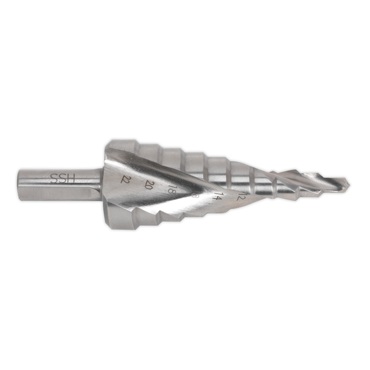 Image of the HSS 4341 Step Drill Bit 4-22mm Spiral Flute - AK4747 by Sealey, featuring double spiral flutes and multiple incremental steps for precision drilling of various hole sizes.