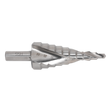 Image of the HSS 4341 Step Drill Bit 4-22mm Spiral Flute - AK4747 by Sealey, featuring double spiral flutes and multiple incremental steps for precision drilling of various hole sizes.