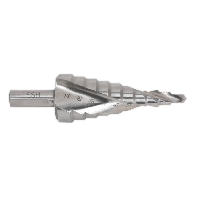Image of the HSS 4341 Step Drill Bit 4-22mm Spiral Flute - AK4747 by Sealey, featuring double spiral flutes and multiple incremental steps for precision drilling of various hole sizes.
