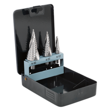 A black plastic case from Sealey, featuring a HSS 4341 Step Drill Bit Set 3pc Spiral Flute - AK4749, is open to reveal three metal step drill bits with double spiral flutes, securely held in a labeled holder indicating sizes 4-30, 4-22, and 4-12.