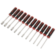 A set of twelve Sealey Nut Driver Set - AK4911, featuring red and black rubber handles and shafts crafted from durable Chrome Vanadium steel, arranged in a row on a white background.