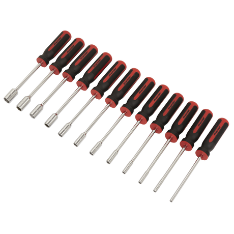 A set of twelve Sealey Nut Driver Set - AK4911, featuring red and black rubber handles and shafts crafted from durable Chrome Vanadium steel, arranged in a row on a white background.