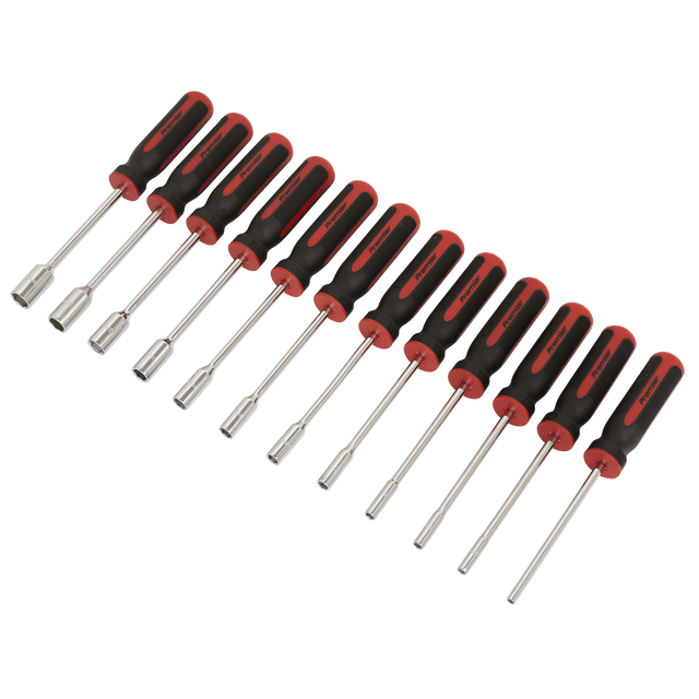A set of twelve Sealey Nut Driver Set - AK4911, featuring red and black rubber handles and shafts crafted from durable Chrome Vanadium steel, arranged in a row on a white background.