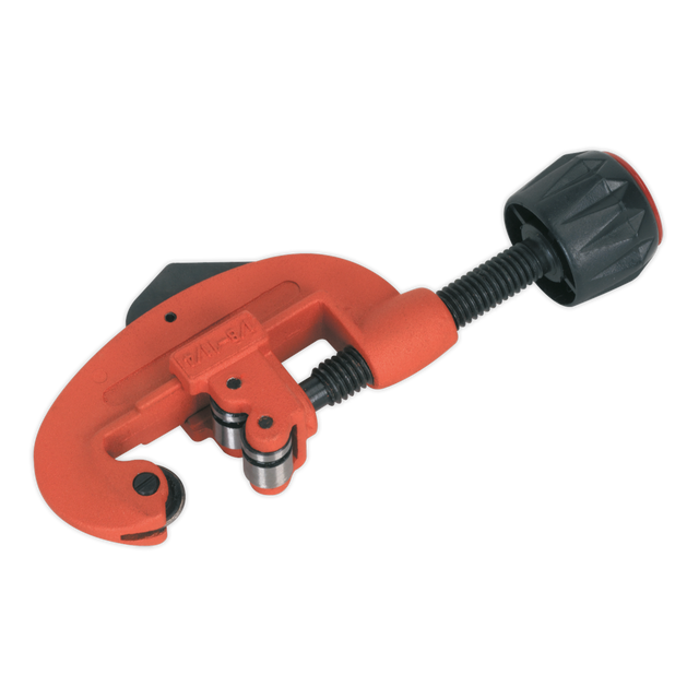 A Sealey Pipe Cutter Ø3-32mm - AK5051 with a red body and black handle and adjuster knob, perfect for cutting metal tubing.
