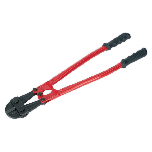 Introducing the Sealey Bolt Cropper 600mm 10mm Capacity - AK509: a pair of bolt cutters featuring red and black handles, crafted from durable Chrome Molybdenum steel. Designed with a pivot mechanism and dual gripping handles, it is perfect for daily professional use. The Premier Hand Tools quality guarantees both durability and precision.
