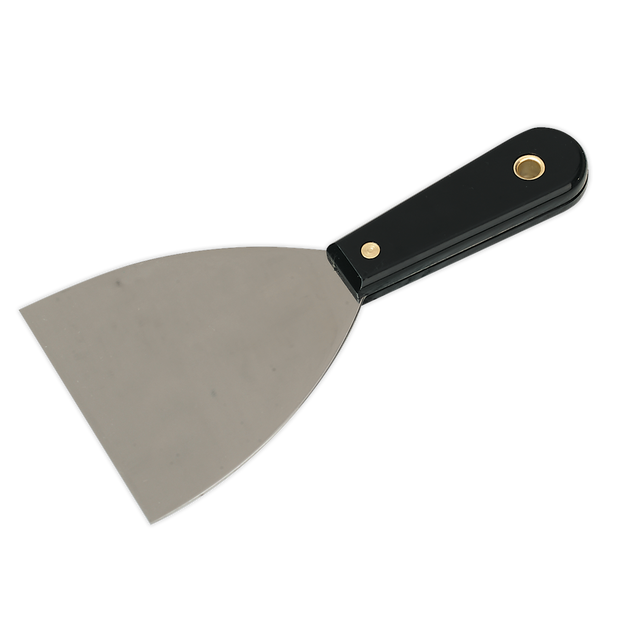 The Sealey Scraper Rigid 100mm - AK5223, featuring a composite handle, chrome-plated steel blade, and brass rivet, is shown against a white background.