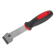 The Sealey Razor Blade Scraper - AK52504, a metal hand scraper with a black and red soft grip handle, features a sharp razor blade secured with a screw, making it perfect for removing adhesives.