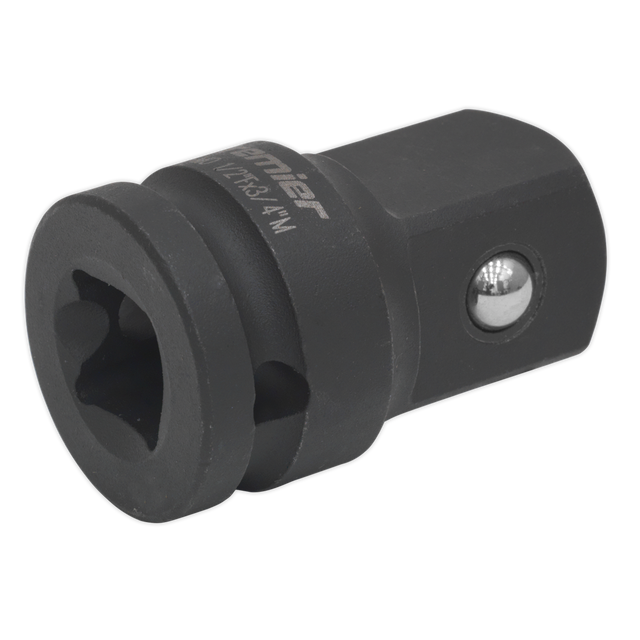 The Sealey Impact Adaptor 1/2"Sq Drive Female - 3/4"Sq Drive Male (AK5402) features a hexagonal opening on one end and a square drive on the other, crafted from durable Chrome Molybdenum steel, making it ideal for use with hand tools or air impact tools.