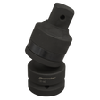 Introducing the Sealey Impact Universal Joint 1"Sq Drive - AK5499, a black, cylindrical mechanical tool inscribed with "Sealey." It features a slightly angled upper segment and a square hole with notches on top. Known for its outstanding corrosion resistance, this air impact tool is built for durability and precision.