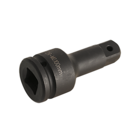 The Sealey Impact Extension Bar 100mm 3/4"Sq Drive - AK5505 is a black, Chrome Molybdenum steel socket adapter with "GR - M100mm" engraved on its body. It features a square drive end for attachment to tools and is ideal for use with Premier Hand Tools and air impact tools.