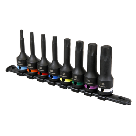 A set of eight Sealey TRX-Star* Impact Socket Bit Set 1/2”Sq Drive (model AK56002) in various sizes, each with a colored band, made of durable Chrome Molybdenum steel, and mounted on a black storage rail.
