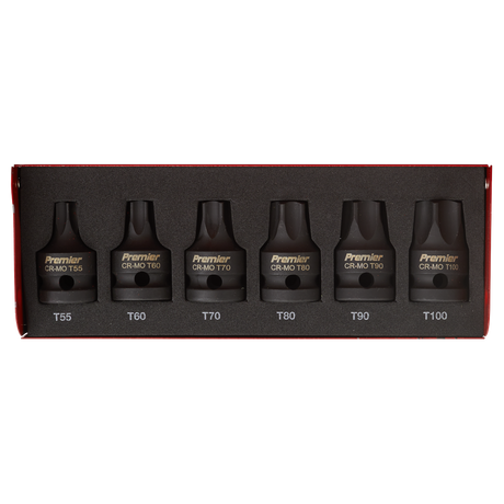 Introducing the Sealey Impact TRX-Star* Socket Bit Set 6pc 1/2"Sq Drive - AK5607, featuring six black CR-MO Premier Hand Tools socket bits in sizes T55, T60, T70, T80, T90, and T100. Packaged in a durable red box, it is ideal for professional use.