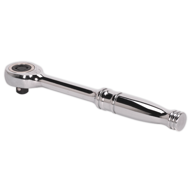 The Sealey Gearless Ratchet 1/4"Sq Drive - Push-Through Reverse - AK561 is a chrome-finished ratchet wrench crafted from robust Chrome Vanadium steel. It features a cylindrical handle and rotating head for effortlessly tightening or loosening nuts and bolts, making it an essential hand tool designed with precision and reliability in mind.