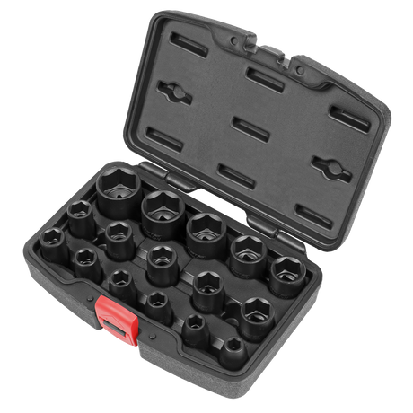 A Sealey Impact Socket Set 16pc 1/2”Sq Drive (AK5624M) that includes a set of 16 dark hexagonal socket wrenches of various sizes, all made from durable Chrome Vanadium steel, housed in a black hard plastic case with a red latch.