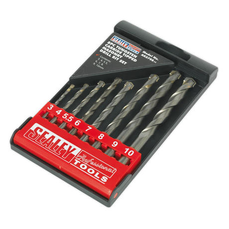 The Sealey Tungsten Carbide Tipped Masonry Drill Bit Set 8pc - AK5708 includes eight expertly crafted steel drill bits with an efficient flute design, all housed in a black plastic case with red labeling. The sizes of the bits range from 3mm to 10mm.