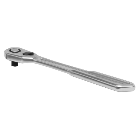 A Sealey Ratchet Wrench Low Profile 1/4"Sq Drive Flip Reverse (AK5782), with a silver finish, long handle, and round head, crafted from durable Chrome Vanadium steel, viewed from a slight angle.