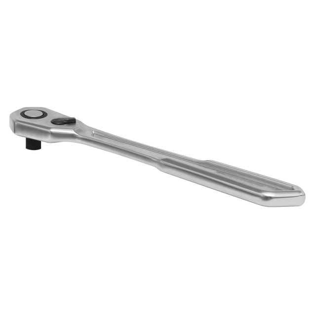 A Sealey Ratchet Wrench Low Profile 1/4"Sq Drive Flip Reverse (AK5782), with a silver finish, long handle, and round head, crafted from durable Chrome Vanadium steel, viewed from a slight angle.