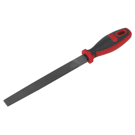 The Sealey Smooth Cut Flat Engineer's File 200mm (AK5865) features a black and red comfort grip handle, ideal for smoothing or shaping materials, and comes with a lifetime guarantee.