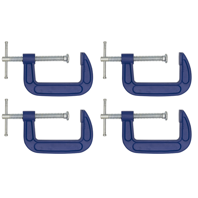 Four Sealey G-Clamp 75mm - Pack of 4 - AK60034 with silver screws are arranged in a rectangular pattern against a white background.