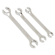 Three Flare Nut Spanners, part of the Sealey AK600 3-piece metric set, in sizes 11 mm, 13 mm, and 15 mm, crafted from Chrome Vanadium steel for enhanced durability, are laid out in a row on a plain background.
