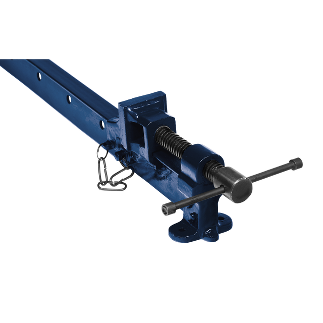 The Sealey Sash Clamp 1800mm - AK6072 is a blue metal jack equipped with a pivot, handle, and locking mechanism. Featuring forged clamp jaws and adjustable capacity, it is ideal for carpenters and cabinet-makers to lift heavy objects.