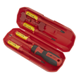 A red tool case containing a Sealey Screwdriver Set Interchangeable 8pc - VDE Approved - AK61280, which includes a black and red screwdriver handle and several interchangeable, insulated, VDE-approved screwdriver bits.