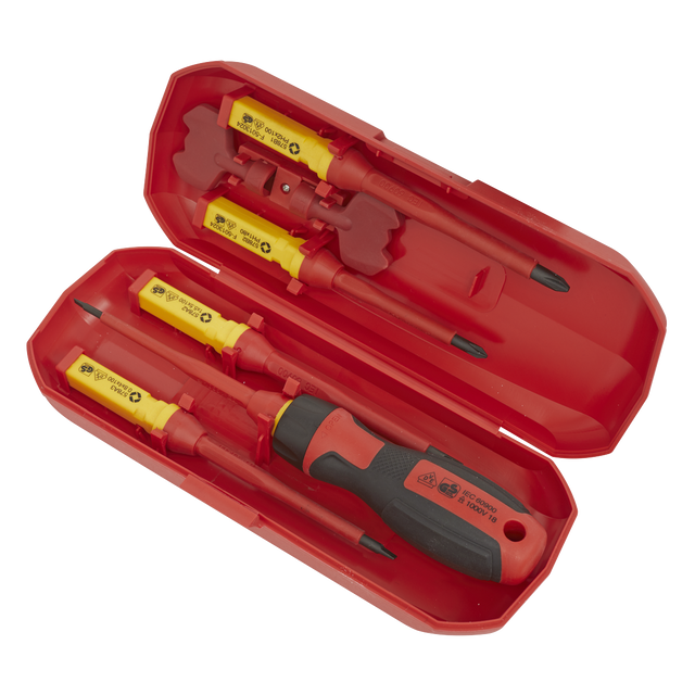 A red tool case containing a Sealey Screwdriver Set Interchangeable 8pc - VDE Approved - AK61280, which includes a black and red screwdriver handle and several interchangeable, insulated, VDE-approved screwdriver bits.
