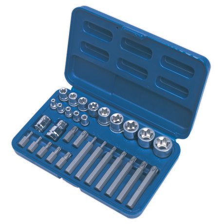 The Sealey TRX-Star* Socket & Bit Set 30pc 1/4", 3/8" & 1/2"Sq Drive - AK619 includes a blue plastic case with various metal hex and torx bits and sockets, all made from hardened, tempered S2 steel, neatly arranged in dedicated slots.