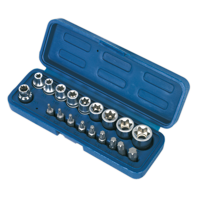 A Sealey TRX-Star* Socket & Bit Set, model AK6191, comes in a blue plastic case and includes 19 pieces on a 3/8" square drive. The set comprises S2 Steel socket and star bits, which are organized in individual slots.