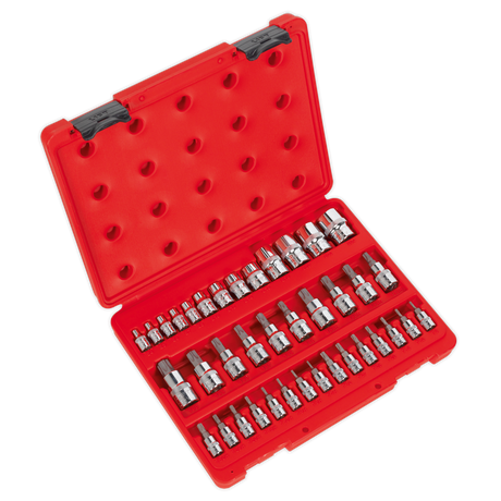 The Sealey TRX-Star* Socket & Security Socket Bit Set 38pc 1/4", 3/8" & 1/2"Sq Drive - AK6197, comes in a red plastic case with a set of Chrome Vanadium Steel sockets and TRX-Star Socket Bits, organized in three rows inside and displayed in an open position.