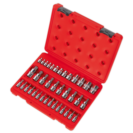 Sealey's TRX-Star* Socket & Security Socket Bit Set, model AK6197, is presented in a striking red case with a premium assortment of labeled hex bit sockets arranged in neatly organized rows. Crafted from durable Chrome Vanadium Steel, this 38-piece set includes TRX-Star Socket Bits to ensure superior performance for any DIY enthusiast. Ideal for enhancing your collection of Premier Hand Tools.