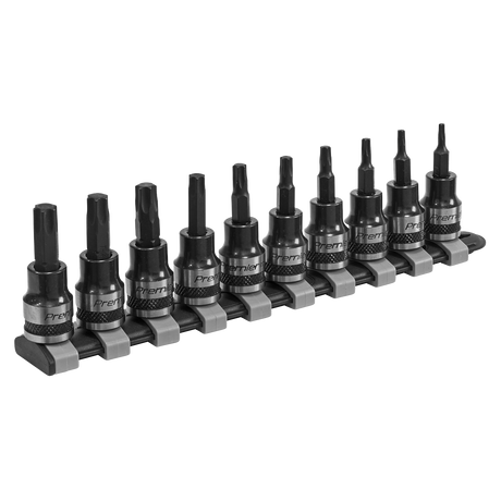 The Sealey TRX-Star* Socket Bit Set 10pc 3/8"Sq Drive Black Series - AK6207B, featuring ten hex socket bits of varying sizes, is neatly arranged on a holder. Crafted from durable Chrome Vanadium steel sockets, this bit set is designed for use with a socket wrench.