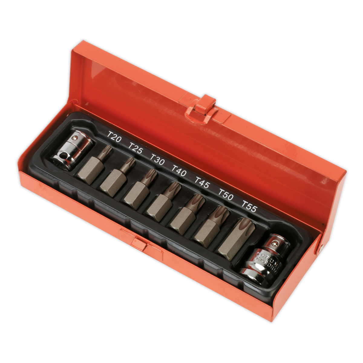 The Sealey TRX-Star* Bit & Holder Set 9pc 3/8" & 1/2"Sq Drive - AK6210 includes a selection of durable S2 Steel torx bits ranging from T20 to T55, all neatly organized in a sturdy red plastic case.