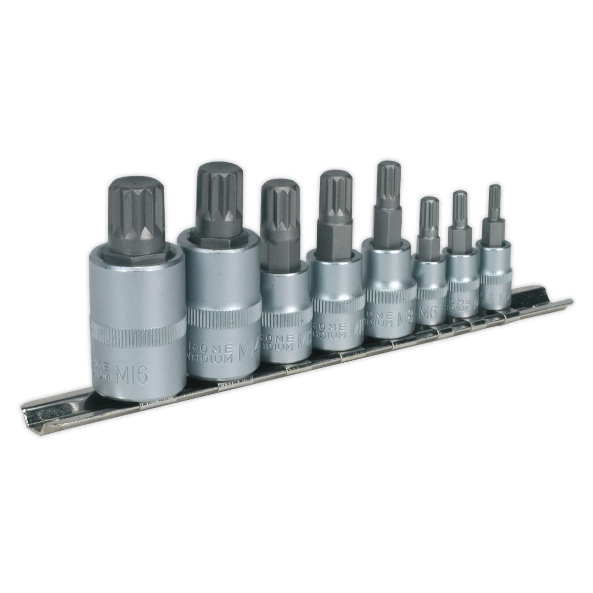 A set of eight Sealey Spline Socket Bit Set 1/4", 3/8" & 1/2"Sq Drive - AK6214 of varying sizes is displayed on a metal strip holder, crafted from durable Chrome Vanadium steel.