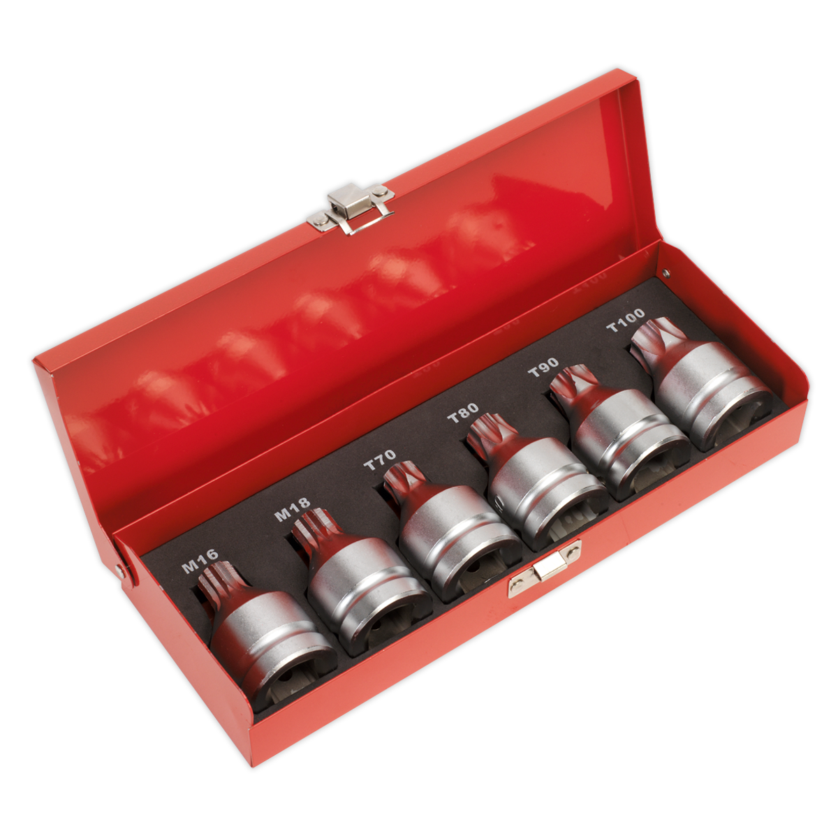 The Security TRX-Star* & Security Spline Socket Bit Set 6pc 3/4"Sq Drive - AK6218 from Sealey features six large Torx security bit sockets (sizes M16, M18, T70, T80, T90, T100) housed in a red metal case. The sockets are neatly arranged in a black foam holder and are crafted from durable Chrome Molybdenum steel.