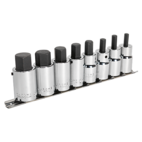 A set of eight Sealey Hex Socket Bit Set 1/2"Sq Drive Metric wrenches (AK62258), featuring chrome vanadium hex bit sockets with S2 steel bits, arranged in a mounting rail.