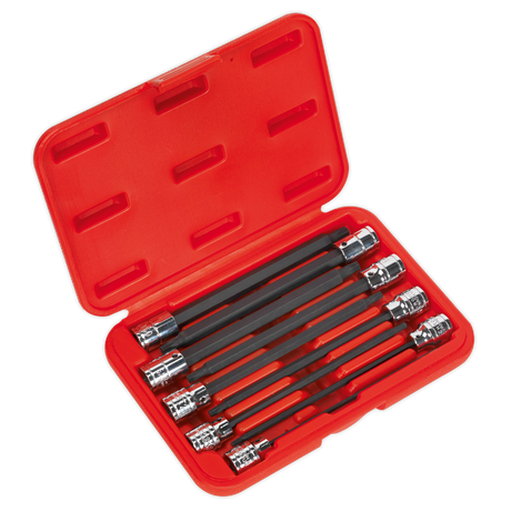 The Sealey TRX-Star* Socket Bit Set 9pc 3/8"Sq Drive 150mm - AK62261 is housed in a red plastic case, featuring eight black socket extension bars with gleaming, chrome-plated ends. Crafted from Chrome Vanadium steel, the tools are systematically arranged within molded slots in the open case.