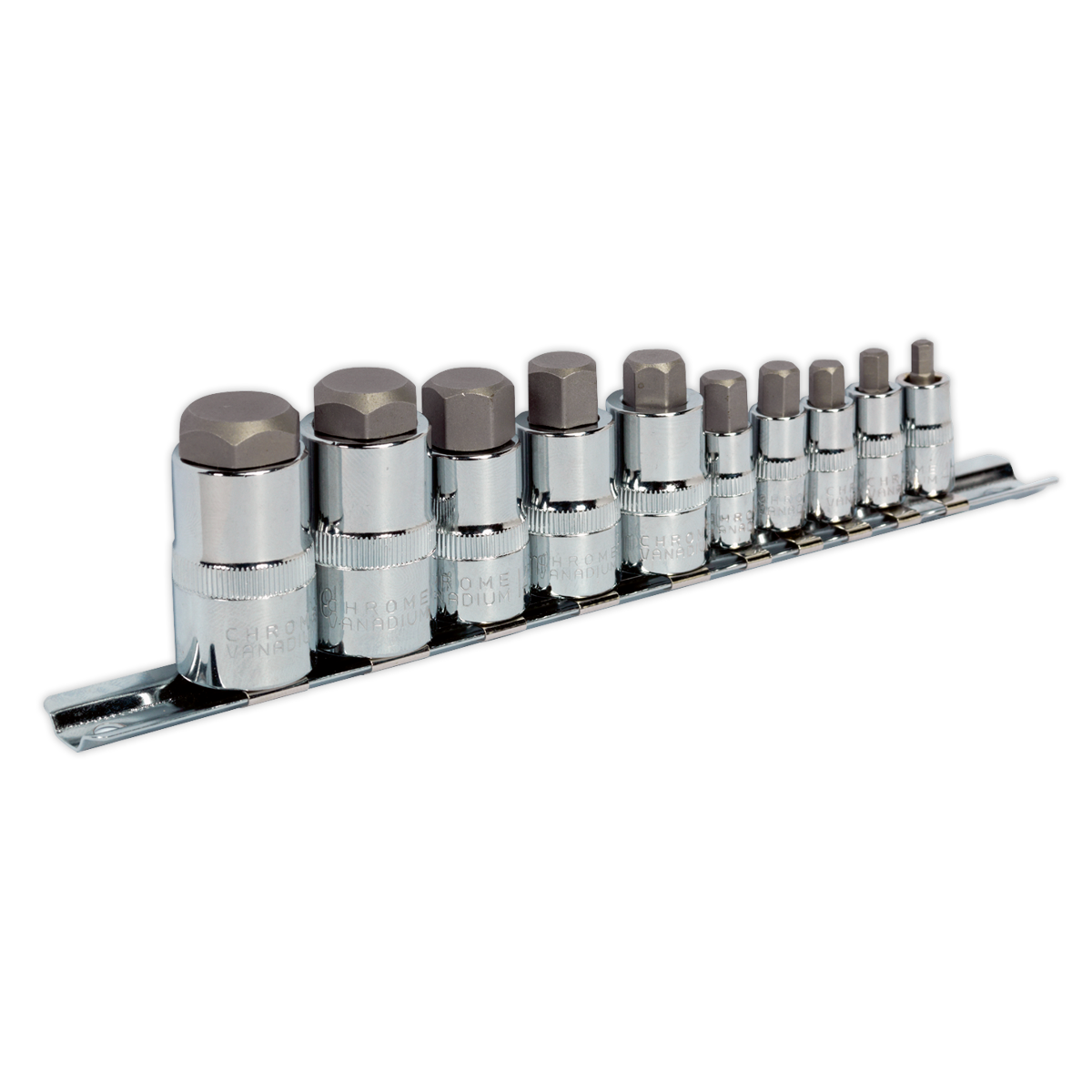 A set of Sealey Premier Hand Tools featuring the Hex Socket Bit Set 10pc Stubby 1/4", 3/8" & 1/2"Sq Drive - AK6229, arranged on a metal holder.