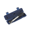 A Sealey Micrometer Torque Wrench 3/8"Sq Drive Calibrated - AK623, housed in a blue plastic case with a molded interior for the tool and an additional attachment, perfect for professional use.