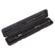 The Sealey Micrometer Torque Wrench 3/8"Sq Drive Calibrated Black Series - AK623B is securely housed inside a protective black plastic case with molded compartments. The wrench, offering corrosion resistance, features a digital readout and prominent brand labeling on the handle.