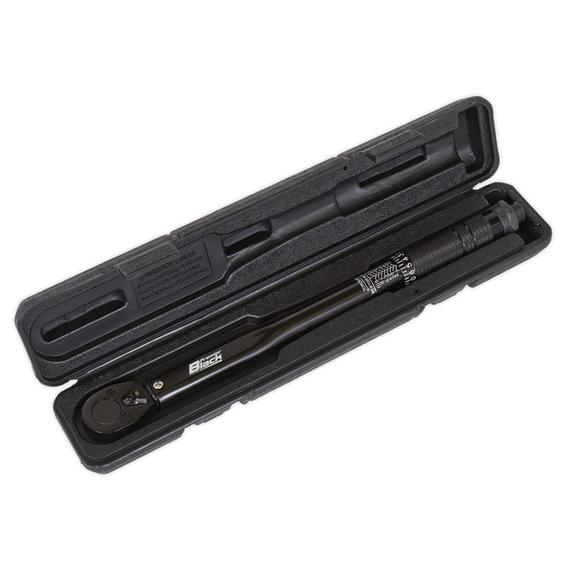 The Sealey Micrometer Torque Wrench 3/8"Sq Drive Calibrated Black Series - AK623B is securely housed inside a protective black plastic case with molded compartments. The wrench, offering corrosion resistance, features a digital readout and prominent brand labeling on the handle.