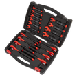 A black and red plastic carrying case from Sealey, containing the Insulated Open-End Spanner Set 18pc VDE Approved - AK63172, holds a set of red and black Chrome Vanadium steel hand wrenches of various sizes, neatly organized in individual slots.