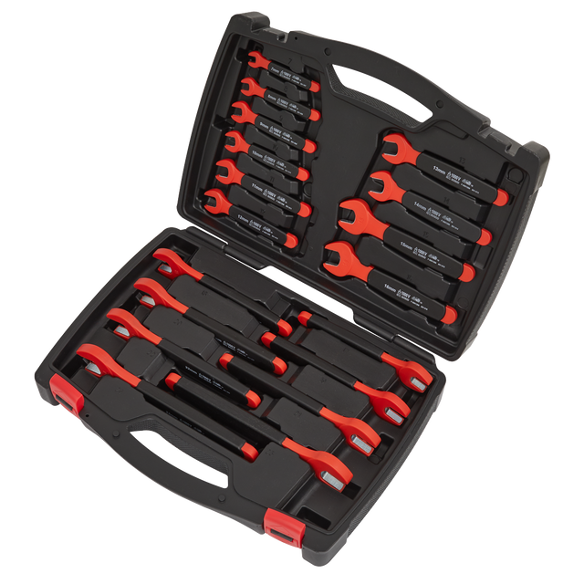 A black and red plastic carrying case from Sealey, containing the Insulated Open-End Spanner Set 18pc VDE Approved - AK63172, holds a set of red and black Chrome Vanadium steel hand wrenches of various sizes, neatly organized in individual slots.