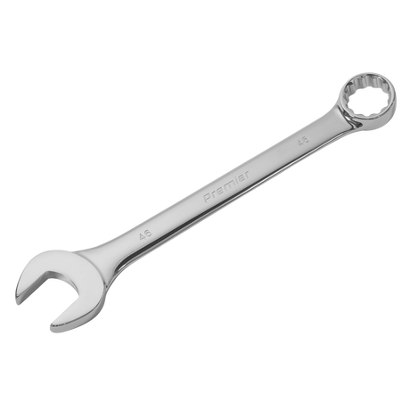A silver combination wrench with an open-end on one side and a box-end on the other, labeled "Sealey" and marked with the size "46", crafted from durable Chrome Vanadium steel. The product is named "Super Jumbo Combination Spanner 46mm - AK632446".