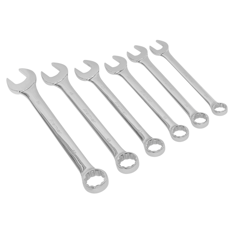 A set of six Sealey Combination Spanner Set 6pc Super Jumbo Metric - AK6324, crafted from durable Chrome Vanadium steel, arranged in ascending size order on a white background.