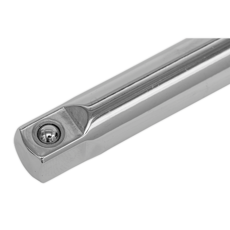 A shiny, metallic extension bar made from Chrome Vanadium steel, ideal for professional use with a ball detent at one end—part of the Sealey Extension Bar Set 3pc 3/8"Sq Drive (AK6340).