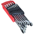 Presenting the Sealey Ratchet Combination Spanner Set 12pc - Metric - Platinum Series (AK63922): These premium chrome-vanadium steel spanners feature 72-tooth ratchet mechanisms and come in an array of sizes, all neatly stored in a red plastic holder with a black securing strap.