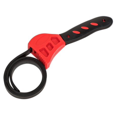 The Sealey Strap Wrench 120mm - AK6406 features a black and red adjustable strap with a soft grip rubberized handle and a looped band, perfect for gripping oil filters and other objects.