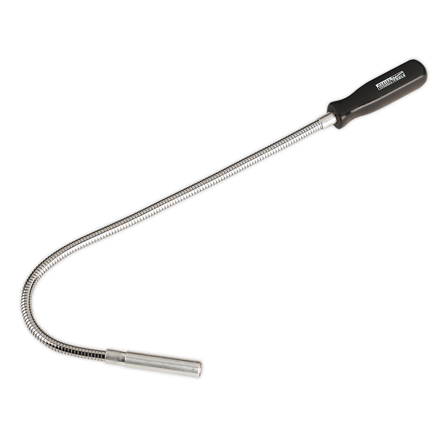 Introducing the Sealey Flexible Magnetic Pick-Up Tool 1.5kg Capacity - AK6531: a versatile tool featuring a black handle and metallic body, designed for accessing tight spaces with its flexible chromed shaft and adeptly maneuvering around obstacles. It offers a pick-up capacity of 1.5kg to enhance efficiency in your tasks.
